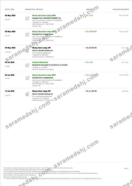 India PayTM Payments Bank account statement Word and PDF template, 3 pages, 3 page